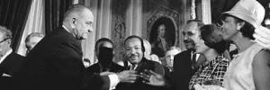 President Johnson, Martin Luther King, and Rosa Parks at signing of Voting Rights Act